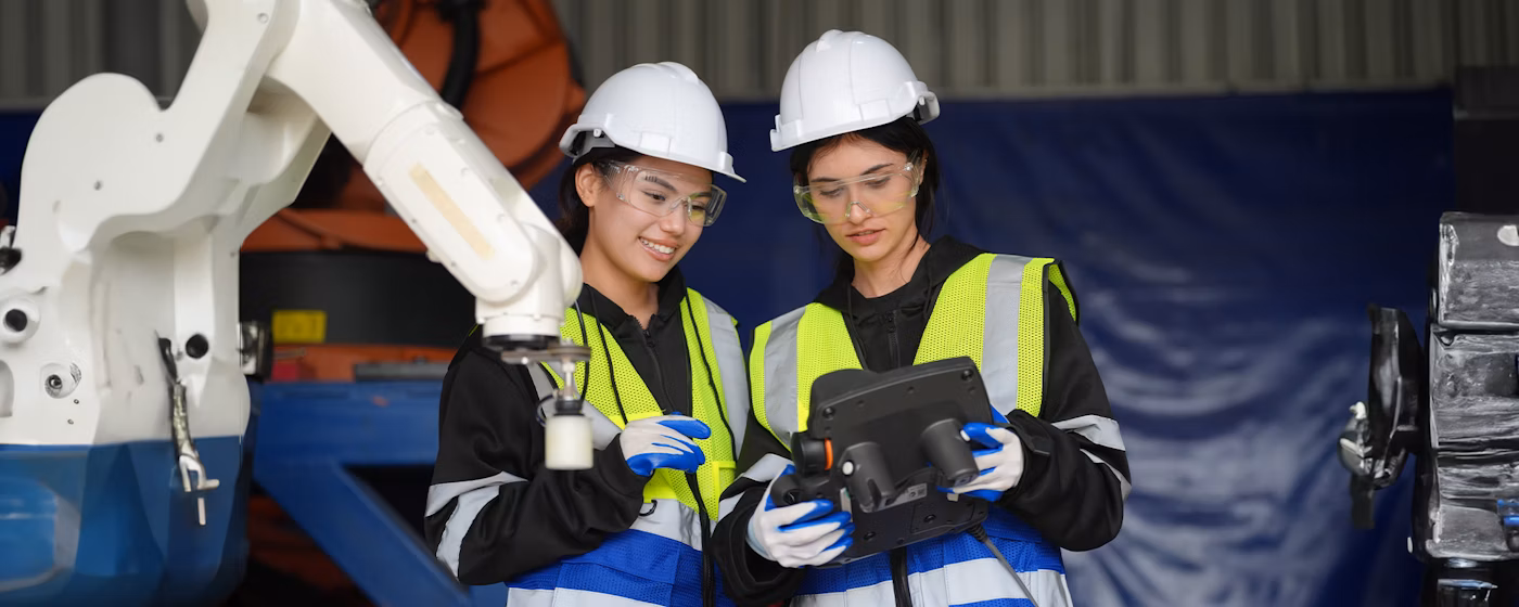 Two engineers operating a robotic arm using a control panel