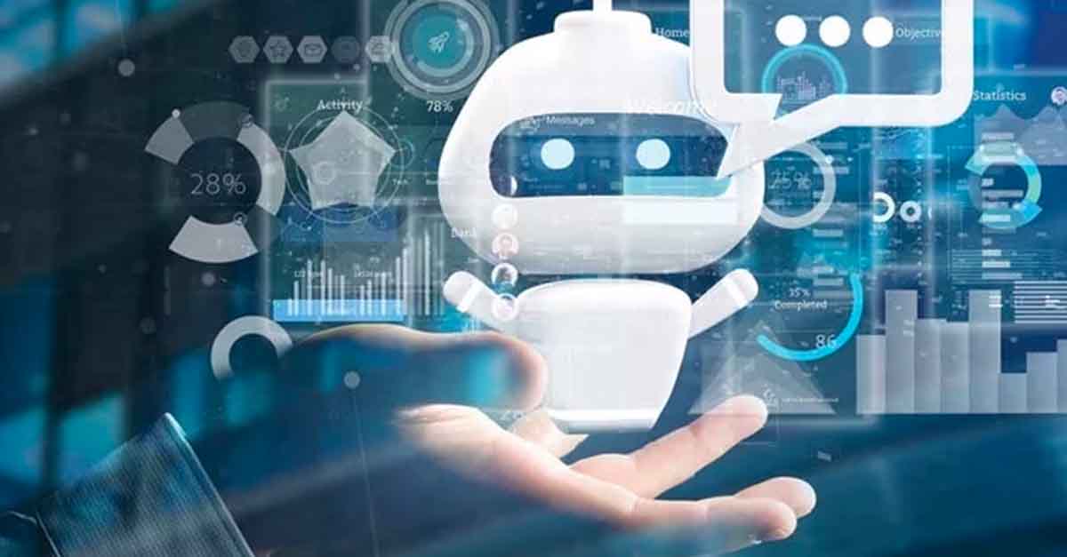 A futuristic AI chatbot hologram floating above a hand, surrounded by digital data analytics and technology interfaces.