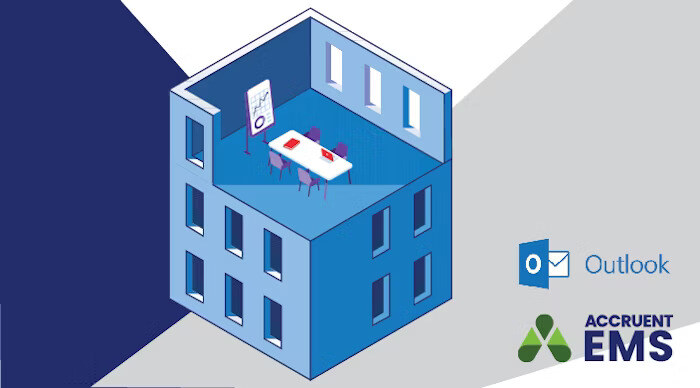 Isometric illustration of a conference room promoting Accruent EMS and Outlook integration for room scheduling.