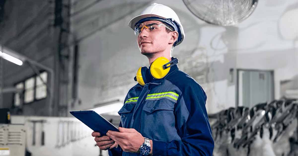 A construction worker in protective gear, including a hard hat, safety glasses, and earmuffs, holding a clipboard inside an industrial facility