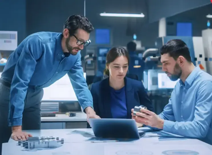 Team collaborating in a high-tech office, analyzing a prototype.