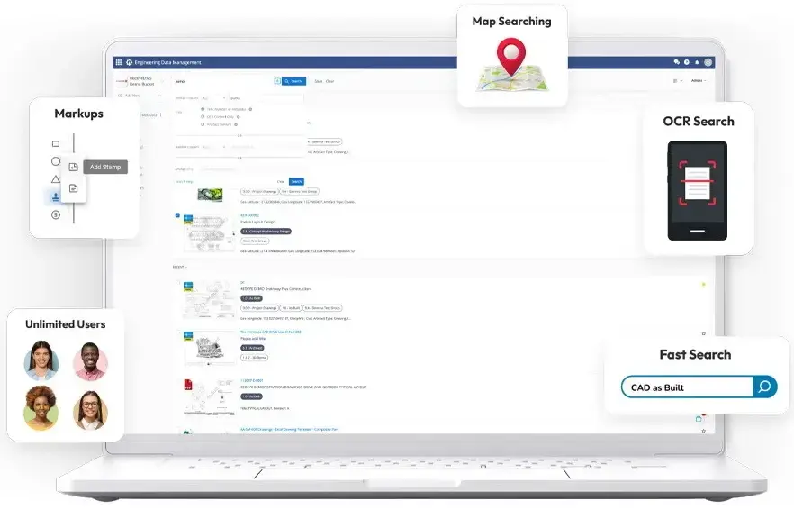 A graphic shows an demo interface of Redeye EDMS software. 